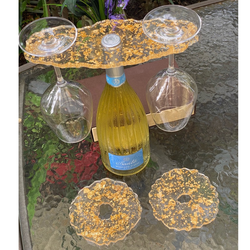 Gold Flake Wine Caddy & Coaster Set Resin Art - Picture 6 of 16